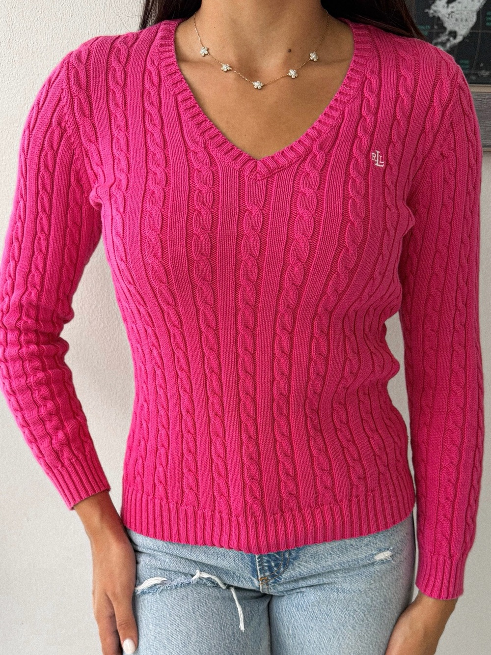 Ralph Lauren Hot Pink Cable-Knit V-Neck Sweater